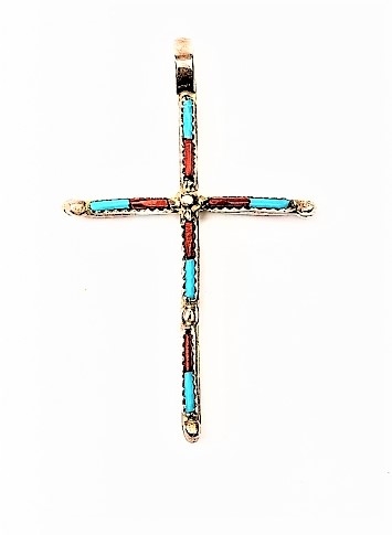 Anhnger, Silber, Trkis*-Koralle, Two Sided Cross, Zuni Needlepoint Art