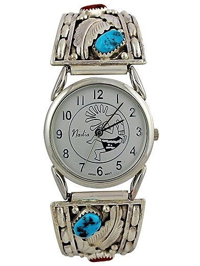 Herren Uhr, Uhrtips Silber, Trkis-Koralle, Leaf Pattern, Navajo Art