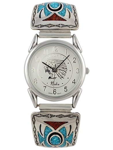 Herren Uhr, Uhrtips Silber, Trkis*-Koralle, Butterfly, Southwest Art