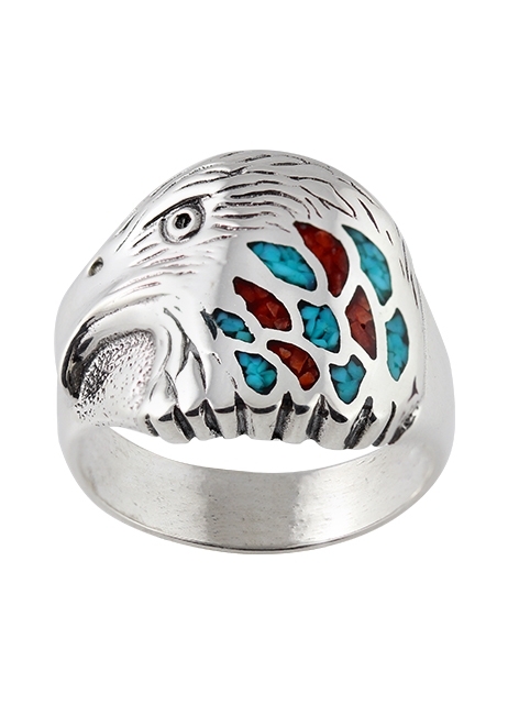 Ring Silber, Trkis*-Koralle, Large Eagle Head, Southwest Art, US-Gr. 5 bis 14