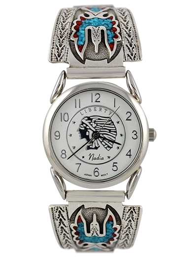 Herrenuhr, Uhrtips Silber, Trkis*-Koralle, Thunderbird, Southwest Art