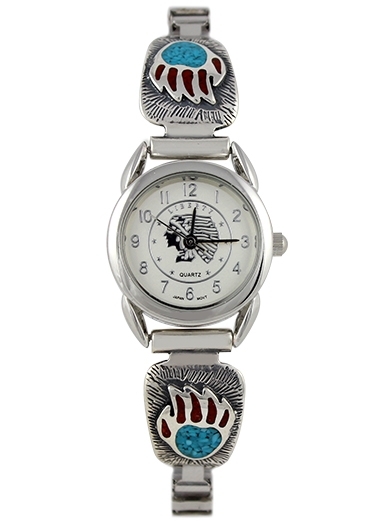 Damenuhr, Uhrtips Silber, Trkis*-Koralle, Bear Paw, Southwest Art