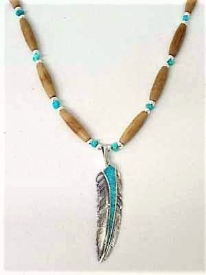 Kette aus Rindknochen & Anhnger Sacred Feather - Trkis*,   56 cm